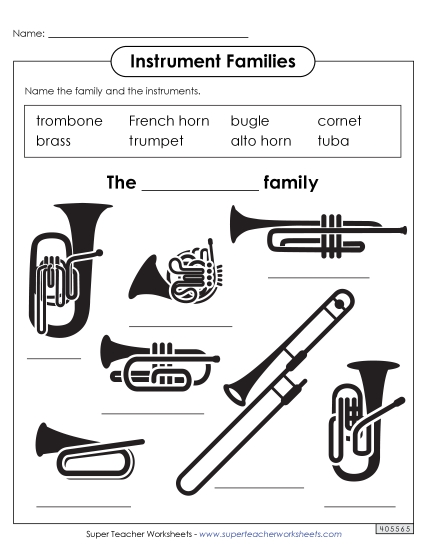 Worksheets - Name the Instruments: Brass Family (Printable PDF Worksheet)