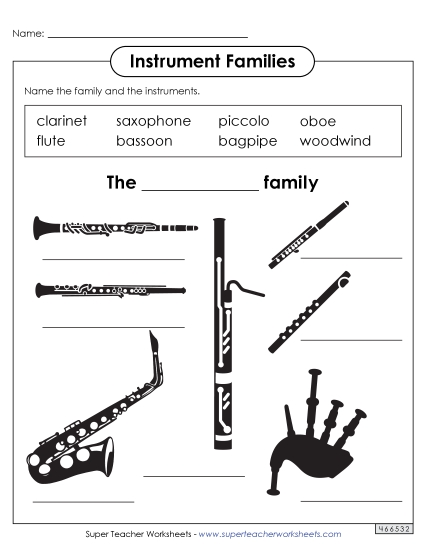 Worksheets - Name the Instruments: Woodwinds (Printable PDF Worksheet)