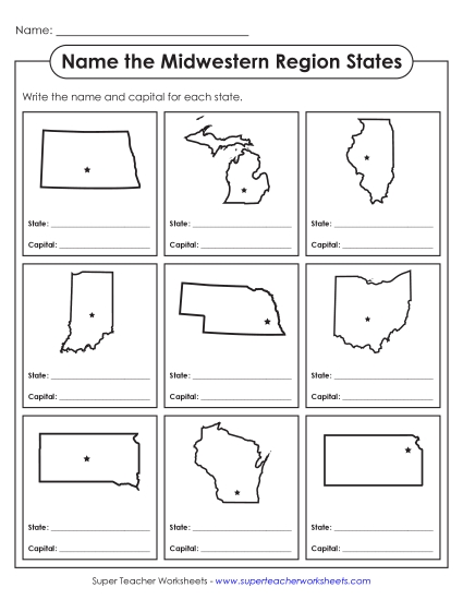 Name the States Worksheets - Name the States: Midwestern Region (Printable PDF Worksheet)