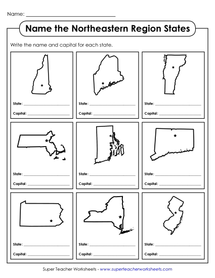 Name the States Worksheets - Name the States: Northeastern Region (Printable PDF Worksheet)