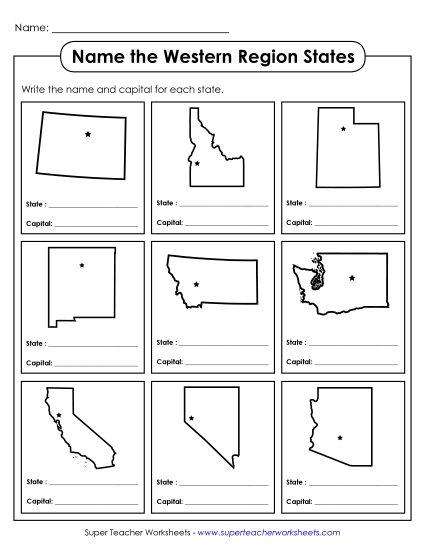 Name the States Worksheets - Name the States: Western Region (Printable PDF Worksheet)
