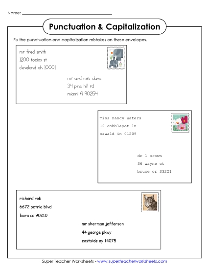 Commas in Addresses - Names & Addresses on Envelopes (Printable PDF Worksheet)