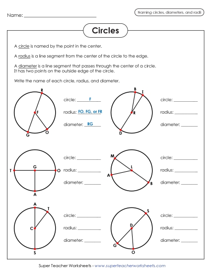 Radius and Diameter (Basic) - Naming the Radius & Diameter (Printable PDF Worksheet)