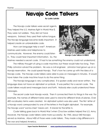 Reading Comprehension - Navajo Code Talkers (Printable PDF Worksheet)