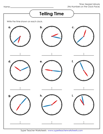 No Numbers on Clock Faces (Advanced) - Nearest  Minute - No Numbers on Clocks (Printable PDF Worksheet)