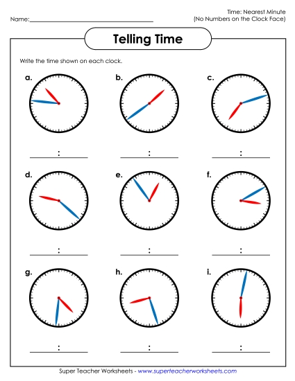 No Numbers on Clock Faces (Advanced) - Nearest Minute - No Numbers on the Clock 2 (Printable PDF Worksheet)