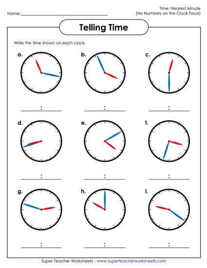 No Numbers on Clock Faces (Advanced) - Nearest Minute - No Numbers on the Clock Faces 3 (Printable PDF Worksheet)
