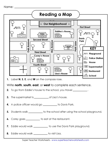 Basic Map Skills - Neighborhood Map (Printable PDF Worksheet)