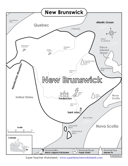 Maps - New Brunswick Map (Black & White) (Printable PDF Worksheet)