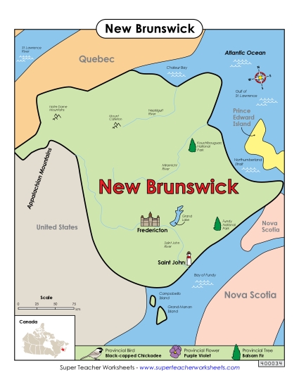 Maps - New Brunswick Map (Full Colour) (Printable PDF Worksheet)