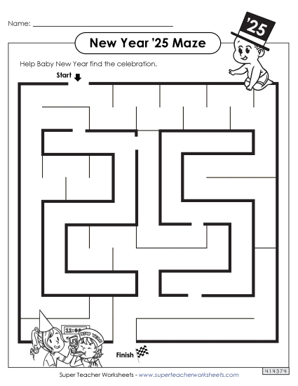 New Year Puzzles - New Year Maze (2025) (Printable PDF Worksheet)