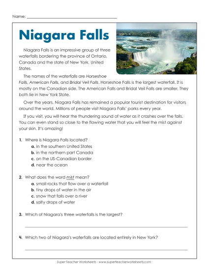 Reading Comprehension - Niagara Falls (Short Passage) (Printable PDF Worksheet)