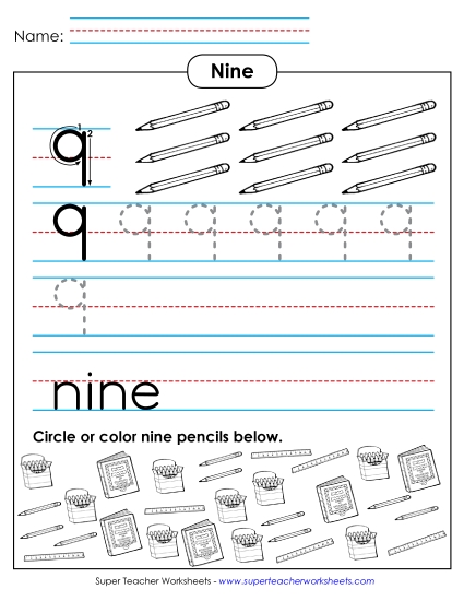 Number Nine - Nine: Trace, Print, Count (Printable PDF Worksheet)