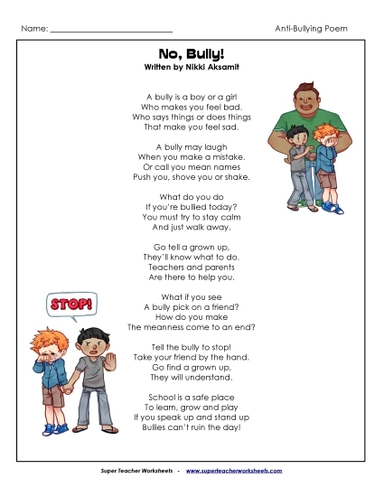Poem About Bullying - No, Bully! (Printable PDF Worksheet)