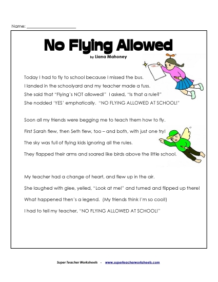 3rd Grade Poems - No Flying In School (Printable PDF Worksheet)