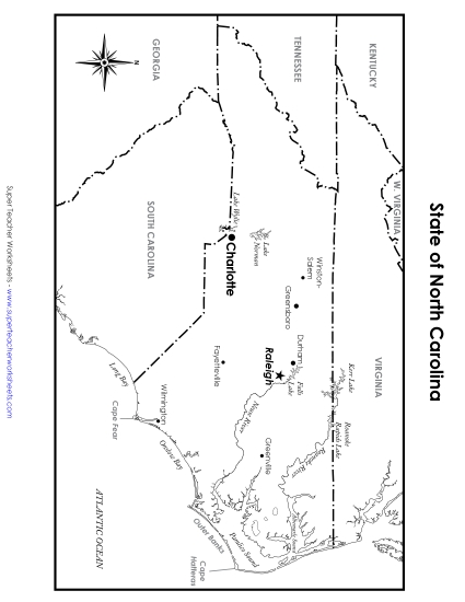 Maps - North Carolina Map (Labeled) (Printable PDF Worksheet)