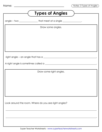 Angle Types: Acute, Obtuse, Right - Notes - 3 Types of Angles (Printable PDF Worksheet)
