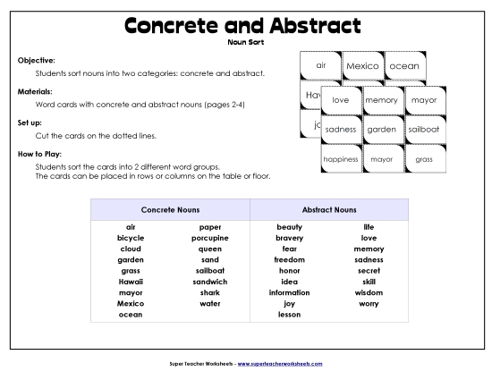 Abstract and Concrete Nouns - Noun Sort: Concrete and Abstract (Printable PDF Worksheet)