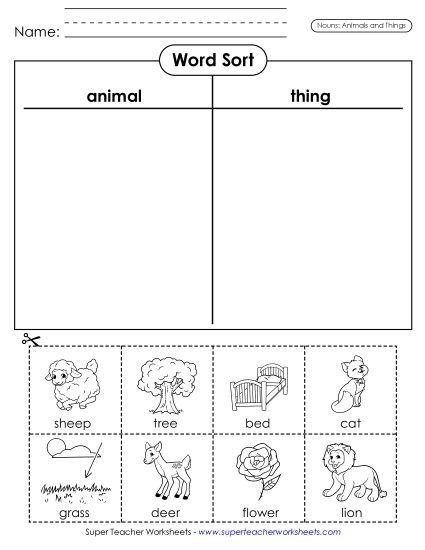 Basic Nouns - Nouns Cut & Sort (Animals & Things)  (Printable PDF Worksheet)