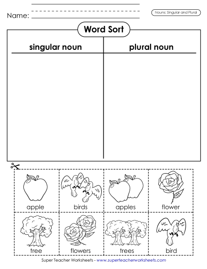 Singular & Plural Nouns - Nouns Cut & Sort (Singular and Plural - 1) (Printable PDF Worksheet)