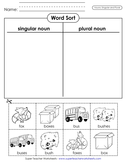 Singular & Plural Nouns - Nouns Cut & Sort (Singular and Plural - 2) (Printable PDF Worksheet)