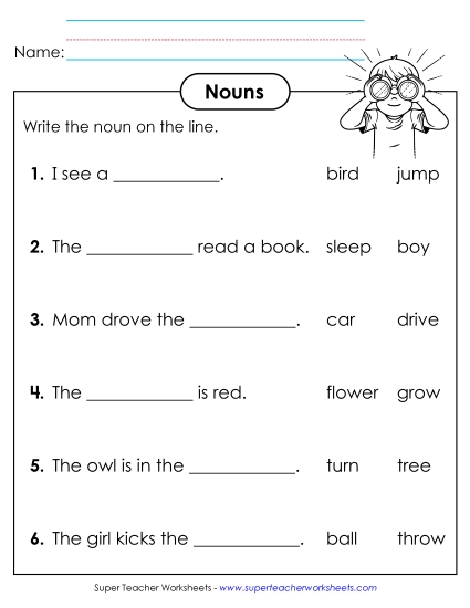 Basic Nouns - Nouns: Fill in the Blank  (Printable PDF Worksheet)