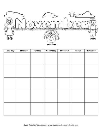 November Calendar (Thanksgiving) (Printable PDF Worksheet)