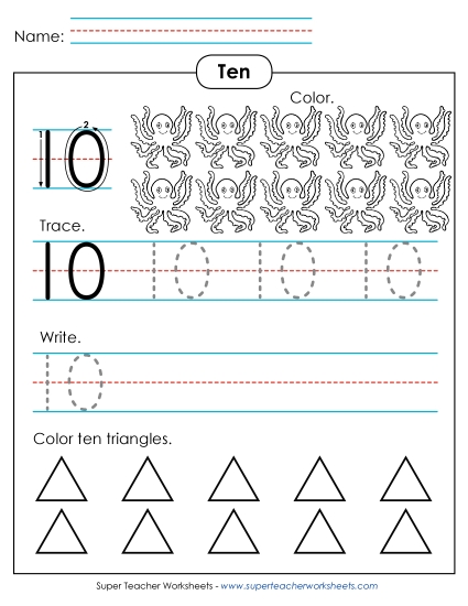 Number Ten - Number 10: Trace, Print, Color (Printable PDF Worksheet)