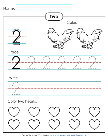 Number Two - Number 2: Trace, Print, Color (Printable PDF Worksheet)