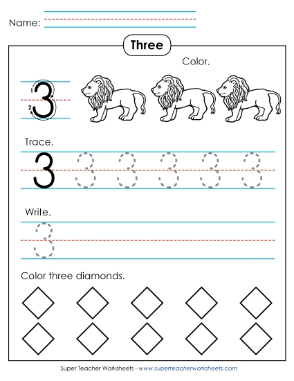 Number Three - Number 3: Trace, Print, Color (Printable PDF Worksheet)