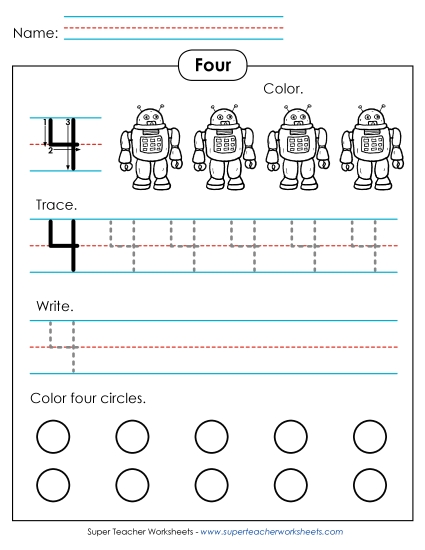 Number Four - Number 4: Trace, Print, Color (Printable PDF Worksheet)