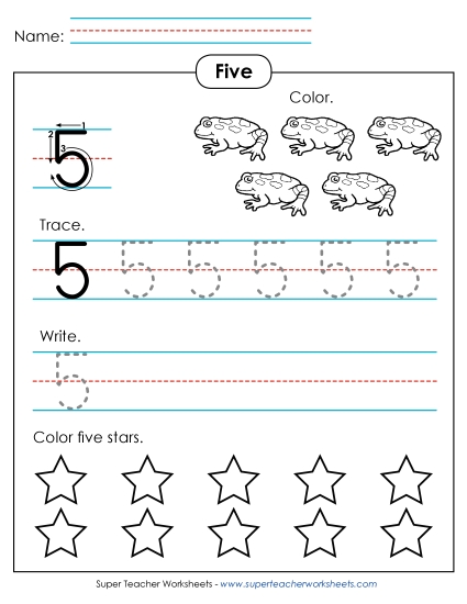Number Five - Number 5: Trace, Print, Color (Printable PDF Worksheet)