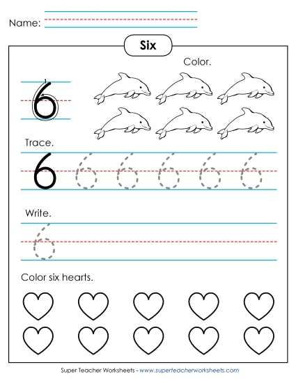 Number Six - Number 6: Trace, Print, Color (Printable PDF Worksheet)