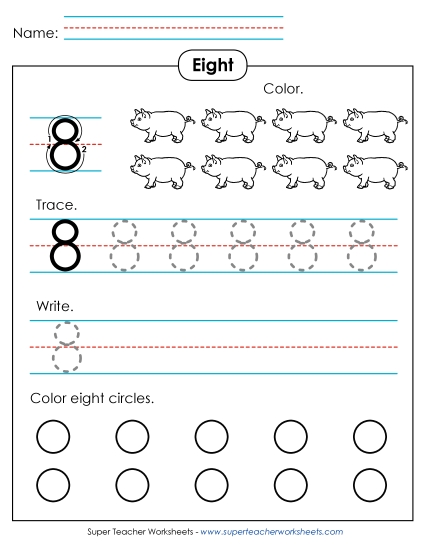 Number Eight - Number 8: Trace, Print, Color (Printable PDF Worksheet)