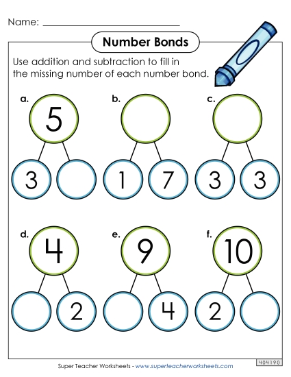 Number Bonds - Sums to 10 - Number Bonds to 10 Worksheet 1 (Printable PDF Worksheet)
