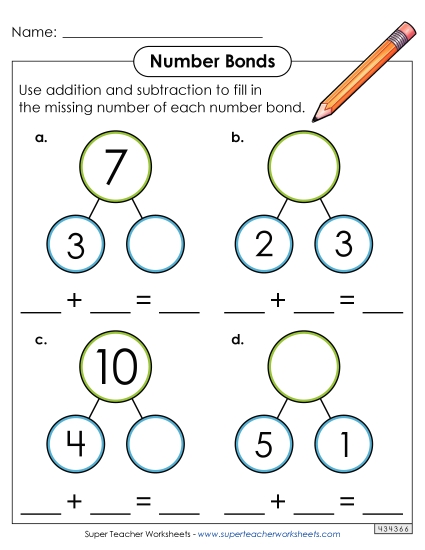 Number Bonds - Sums to 10 - Number Bonds with Equations (Printable PDF Worksheet)