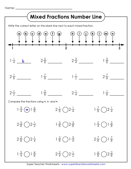 Comparing Mixed Numbers - Number Line: Comparing Mixed Numbers (Printable PDF Worksheet)