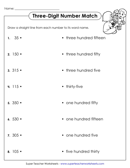 Place Value - Number Match (3-Digit) (Printable PDF Worksheet)
