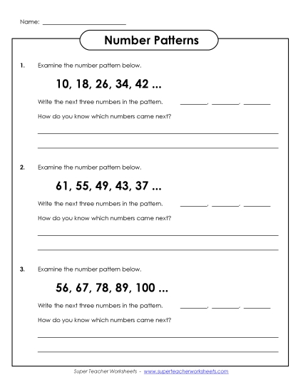 Intermediate (2-3) - Number Patterns 1 (Printable PDF Worksheet)