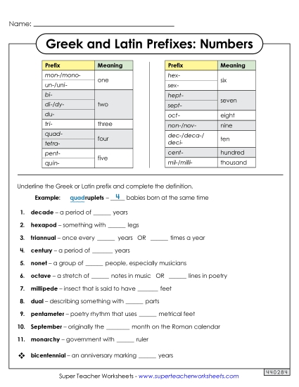 Worksheets - Number Prefixes Worksheet (Printable PDF Worksheet)