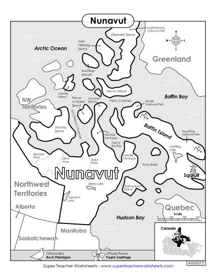 Maps - Nunavut Map (Black & White) (Printable PDF Worksheet)