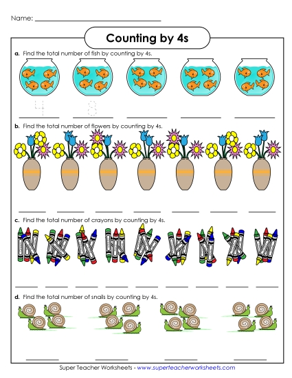 Skip Counting by 4s - Objects: Counting by 4s (Printable PDF Worksheet)