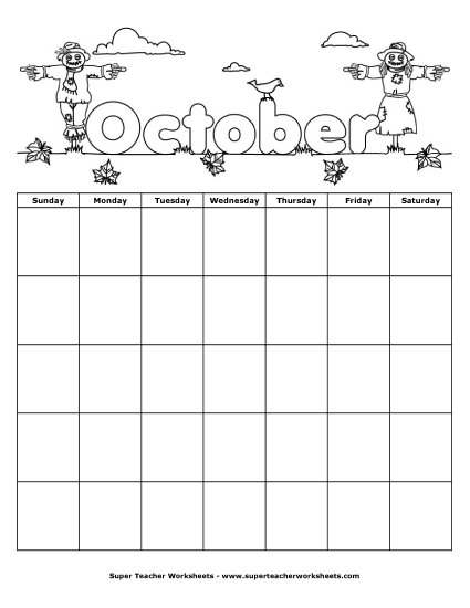 October Calendar (Scarecrow) (Printable PDF Worksheet)