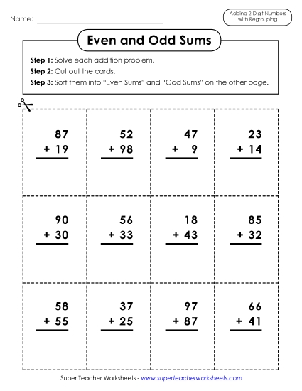 Worksheets (2-Digit Addends) - Odd-Even Sums (2 Digits) (Printable PDF Worksheet)