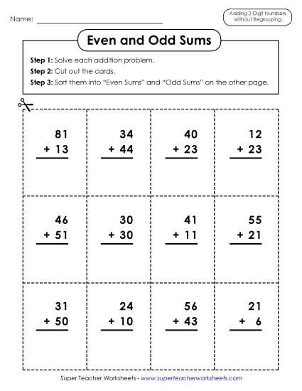 Addition (No Borrowing) - Odd-Even Sums (Printable PDF Worksheet)
