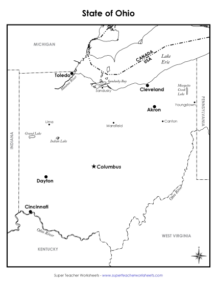 Maps - Ohio Map (Labeled) (Printable PDF Worksheet)