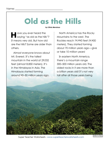 Reading Comprehension - Old as the Hills (Full Article) (Printable PDF Worksheet)