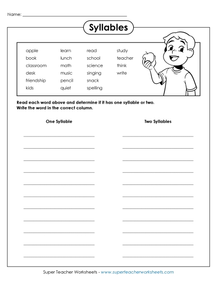 One or two syllables (Printable PDF Worksheet)