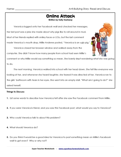 Read & Discuss Stories - Online Attack (Cyberbullying) (Printable PDF Worksheet)