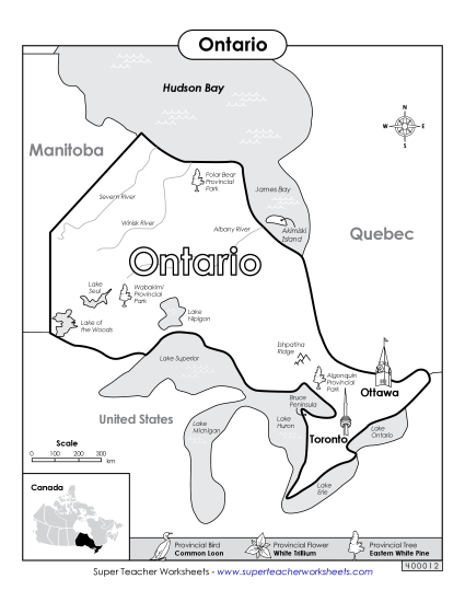 Maps - Ontario Map (Black & White) (Printable PDF Worksheet)
